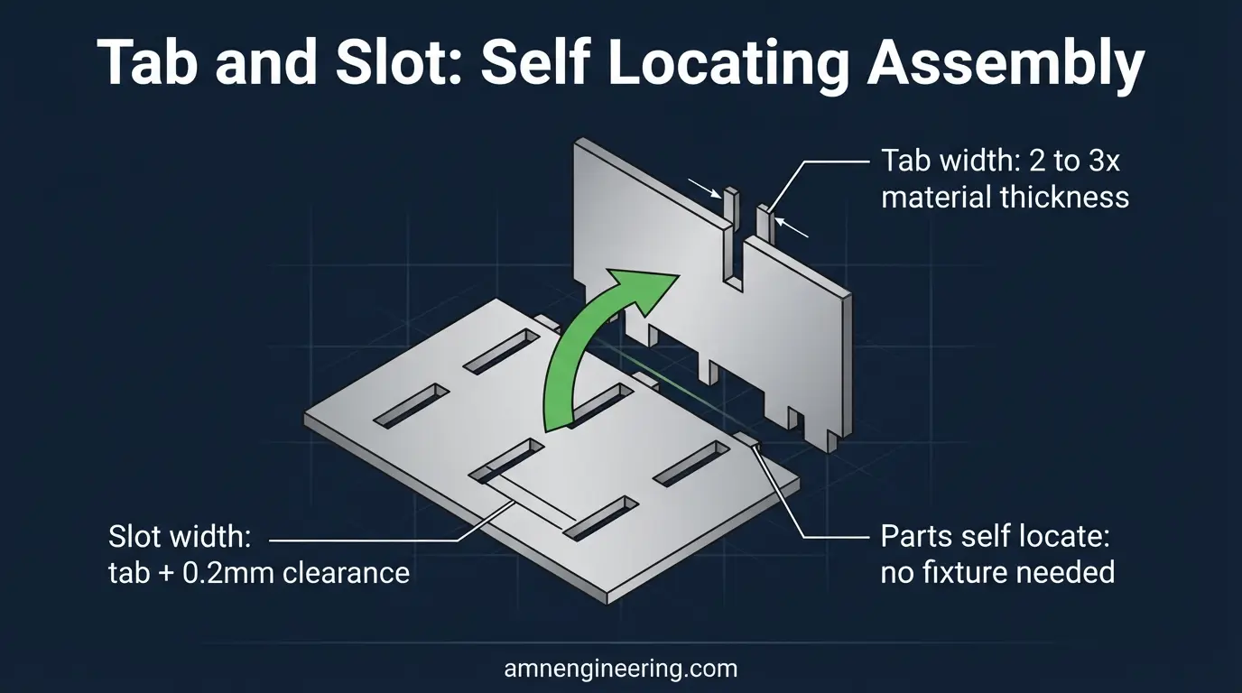 Detail of a laser cut tab and slot joint showing the tab width, slot clearance gap, and how two sheet metal parts self locate before welding